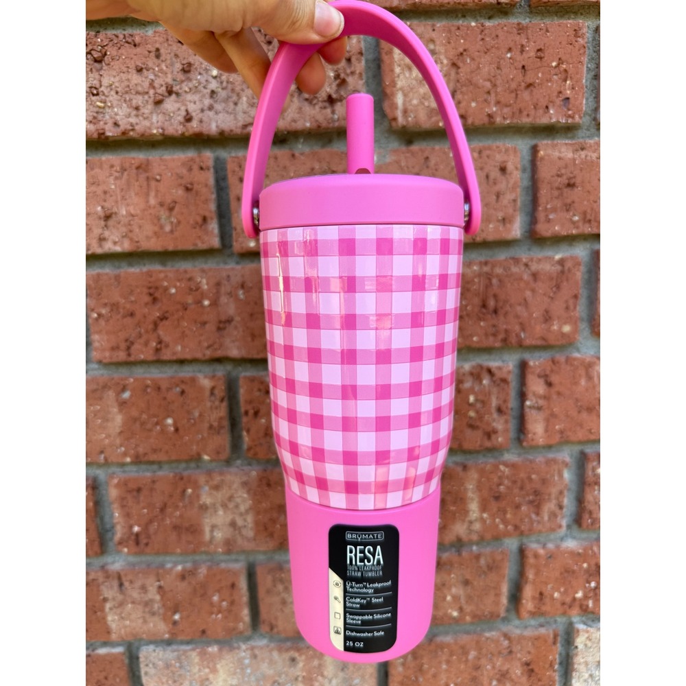 Brumate Resa Tumbler 35 oz Pink Gingham New Leakproof Straw Handle DWRS35PGM